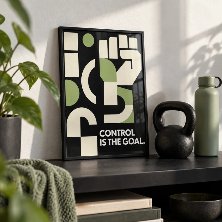 Fitness Motivation Poster, a small A4 framed print leaning on a black shelf in a living room