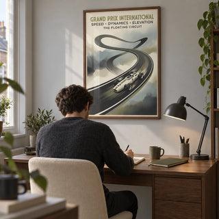 Floating Race Circuit Poster, framed on the wall of a compact home study in a young adult’s UK terrace with a pale grey wall and walnut furniture