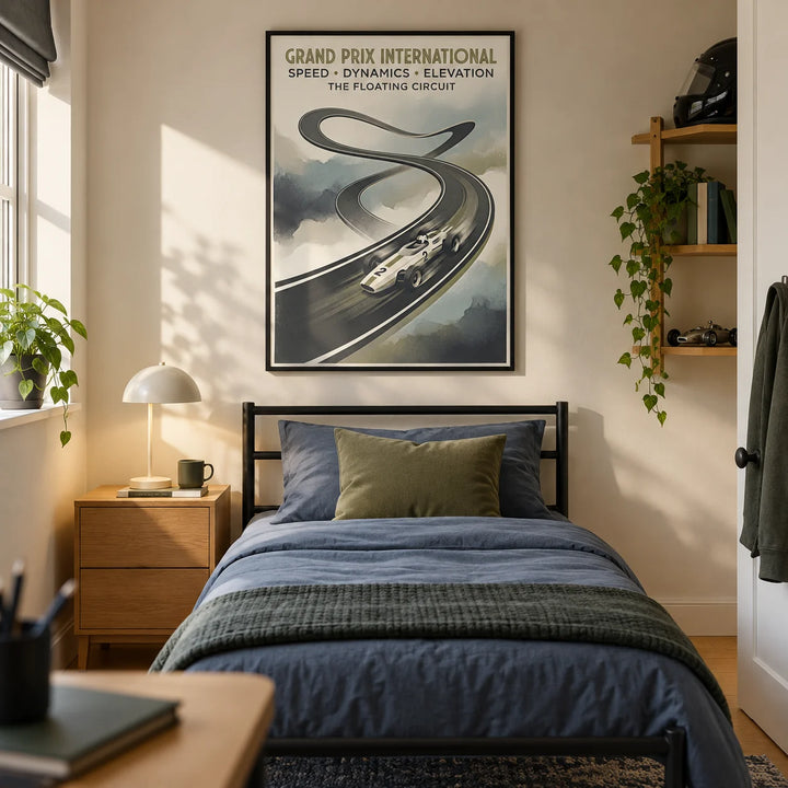 Floating Race Circuit Poster, framed on the wall of a considered teenage racing fan’s single bedroom (13-17) in a UK family home