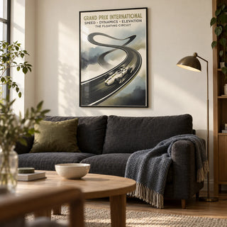 Floating Race Circuit Poster, framed on the wall of a design-led living room in a first UK flat (22-28) with a warm white wall and a low oak coffee table