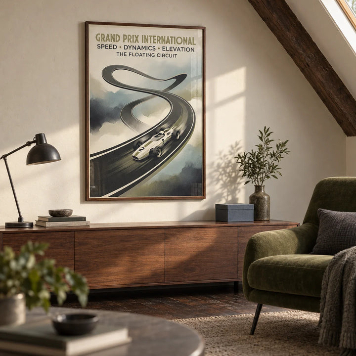 Floating Race Circuit Poster, framed on the wall of a grown-up games den in a UK converted loft with a sloping ceiling in a living room