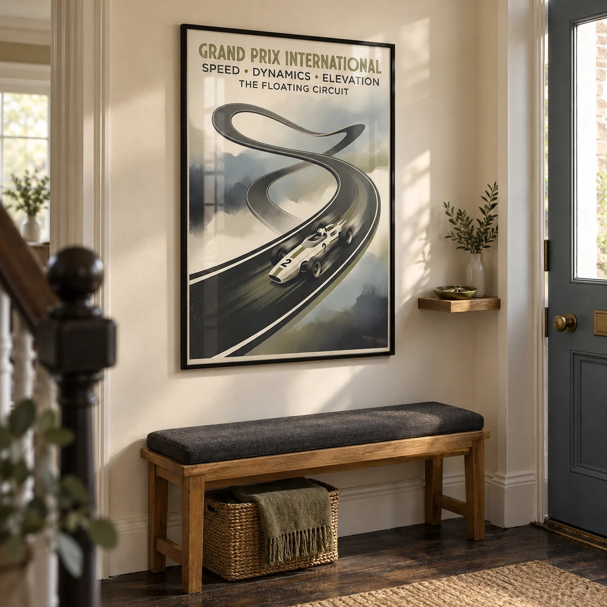 Floating Race Circuit Poster, framed on the wall of a narrow entrance hallway in a UK Victorian terrace with warm cream walls and restored dark floorboards