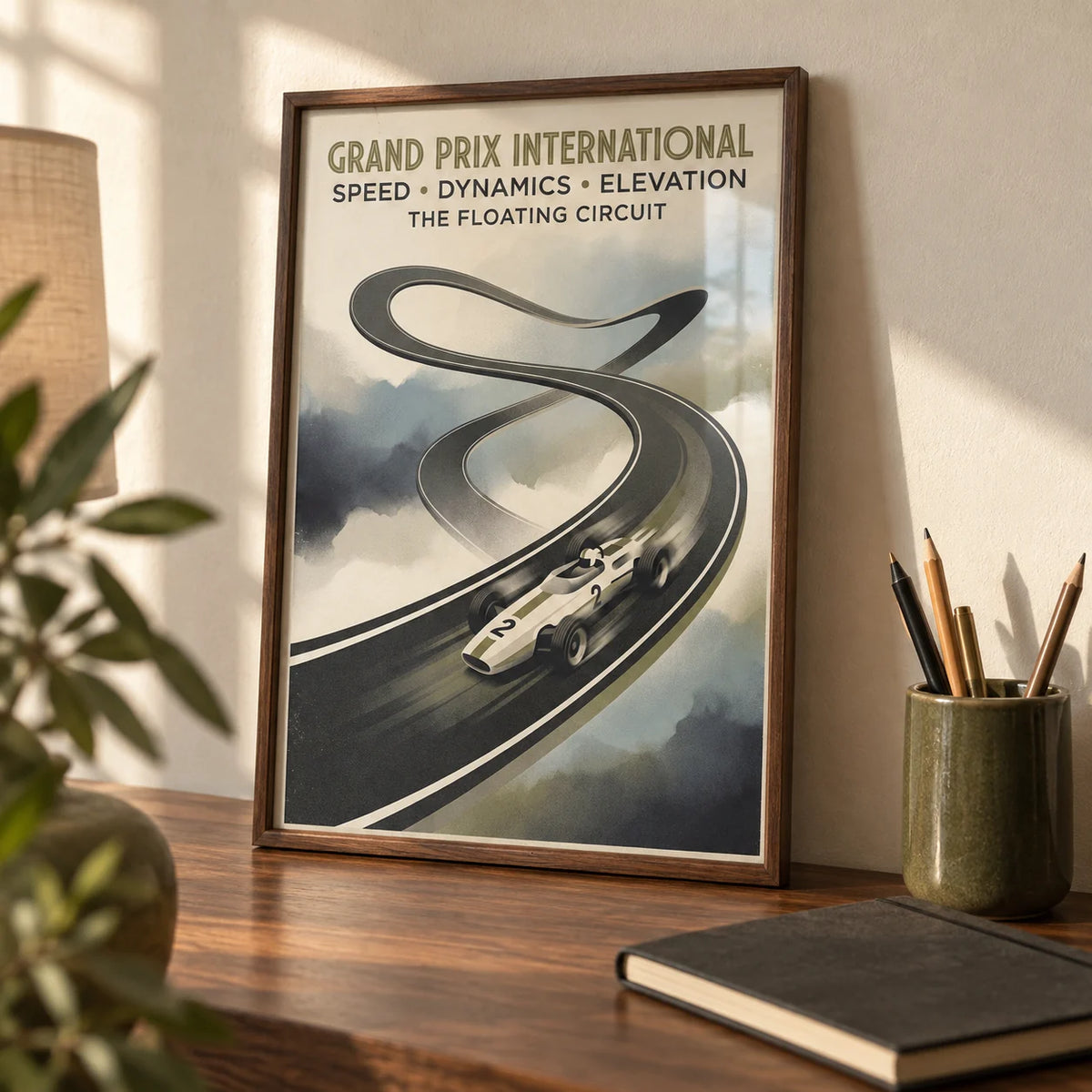 Floating Race Circuit Poster, a small A4 framed print leaning on a walnut desk