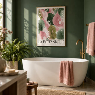 Floral Abstract Print, framed on the wall of a calm bathroom with plain deep green walls