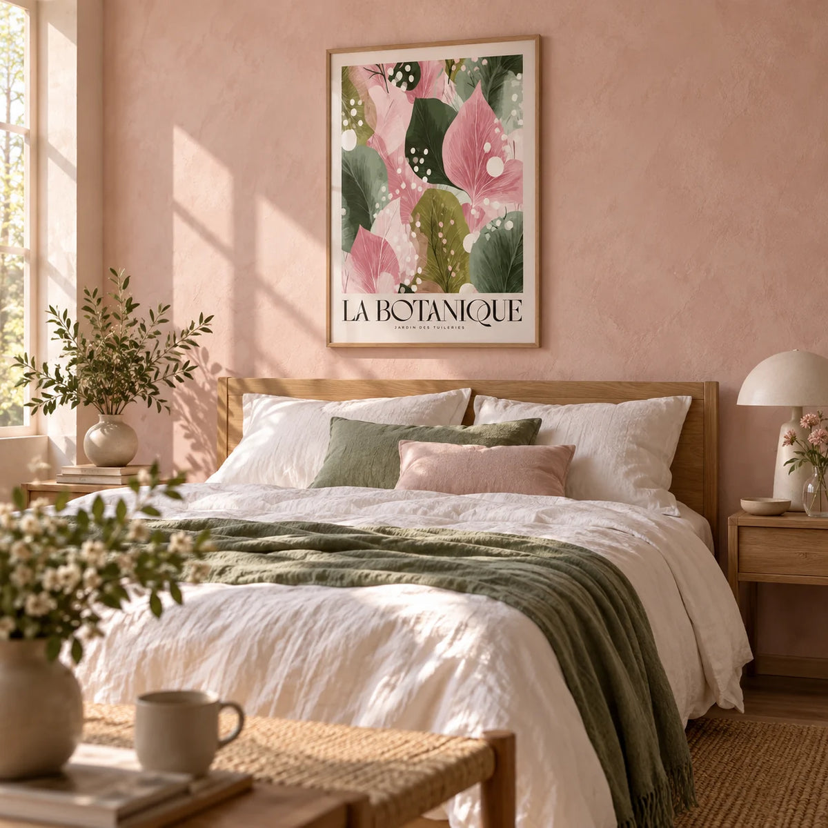 Floral Abstract Print, framed on the wall of a calm bedroom with a soft blush pink limewashed wall