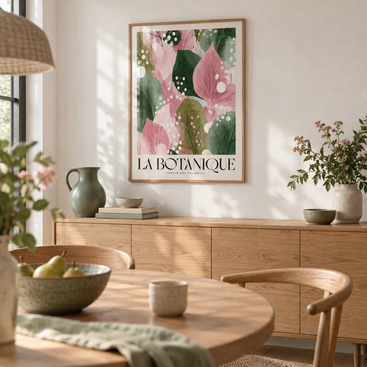 Floral Abstract Print, framed on the wall of a calm dining room with a white wall