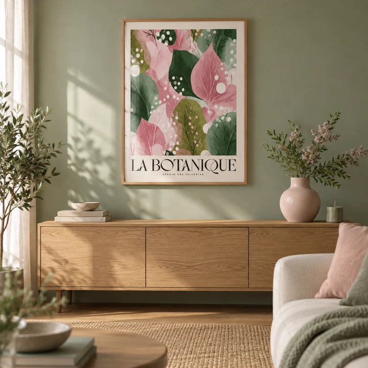 Floral Abstract Print, framed on the wall of a calm living room with a plain sage green wall