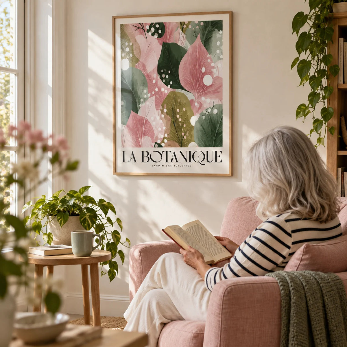 Floral Abstract Print, framed on the wall of a reading corner with a warm white wall in a living room