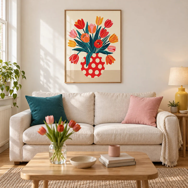 Floral Art Print, framed on the wall of a bright modern living room in a UK terraced house with warm white walls and oak floorboards