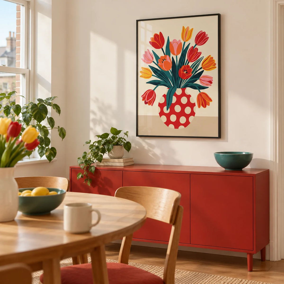 Floral Art Print, framed on the wall of a cheerful modern dining room in a young couple's UK flat with pale cream walls