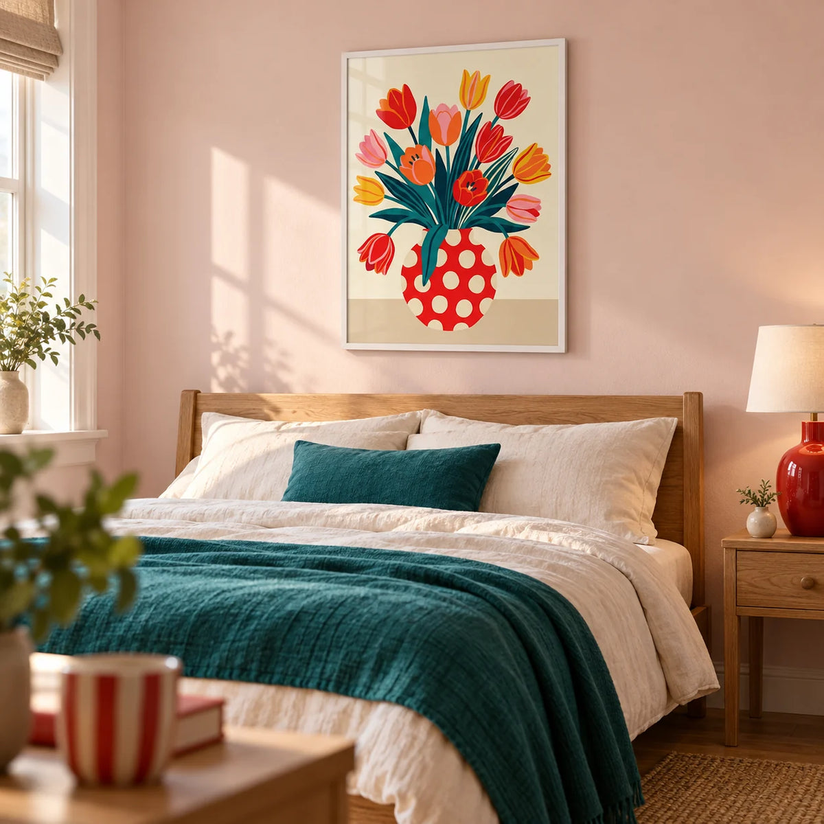 Floral Art Print, framed on the wall of a fresh modern bedroom in a UK home with a pale blush wall