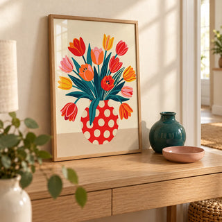 Floral Art Print, a small A4 framed print leaning on a pale oak hallway side table