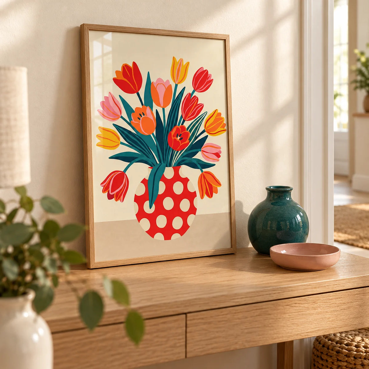 Floral Art Print, a small A4 framed print leaning on a pale oak hallway side table