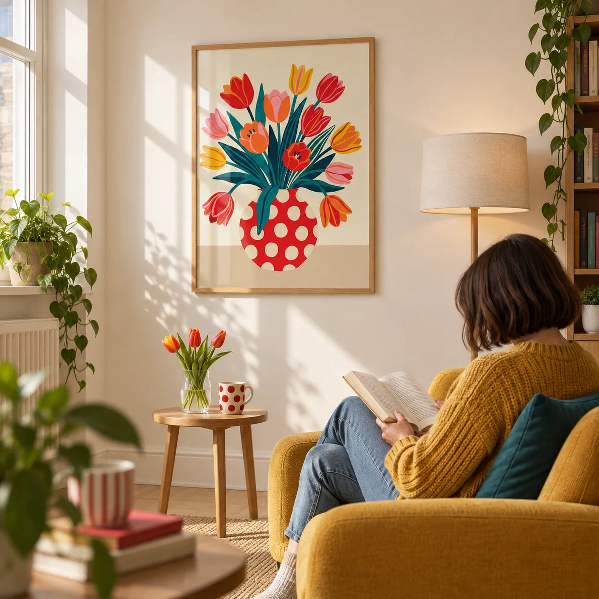Floral Art Print, framed on the wall of a sunny reading corner in a UK flat with a warm white wall and pale timber flooring in a living room