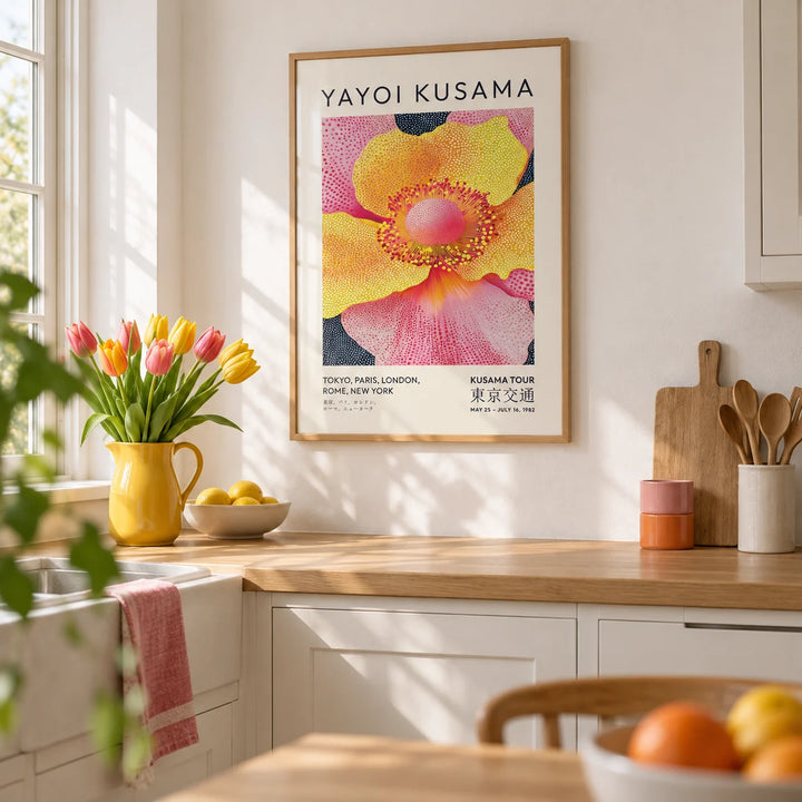 Floral Art Prints, framed on the wall of a bright kitchen with white cabinets and a white wall