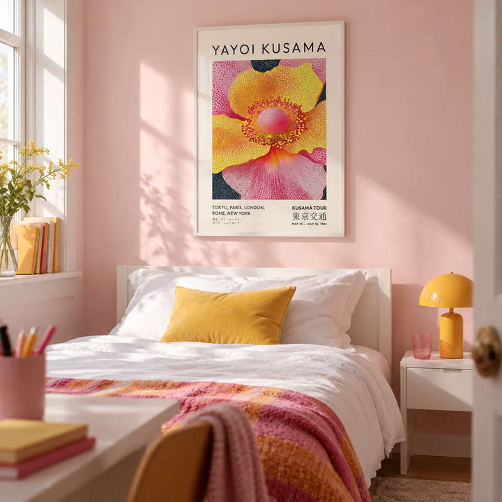 Floral Art Prints, framed on the wall of a cheerful teen girl's bedroom (13-17) with a pale pink wall