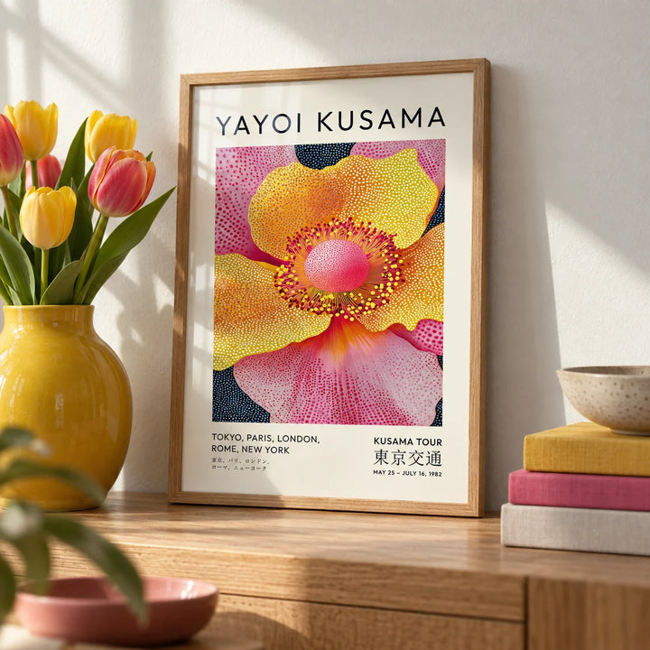 Floral Art Prints, a small A4 framed print leaning on an oak shelf in a living room