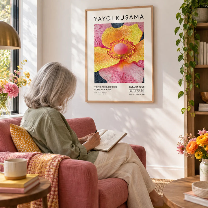 Floral Art Prints, framed on the wall of a sunny reading corner with a white wall in a living room