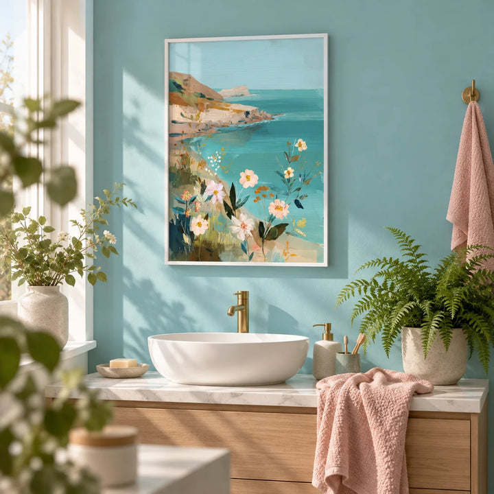 Floral Coast Print, framed on the wall of a bright bathroom with a plain soft turquoise painted wall