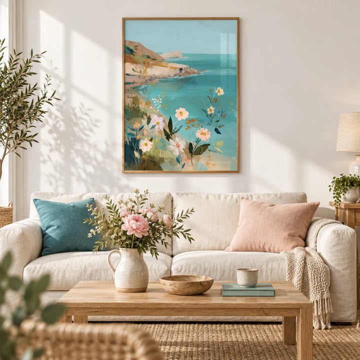 Floral Coast Print, framed on the wall of a bright coastal living room with a white wall
