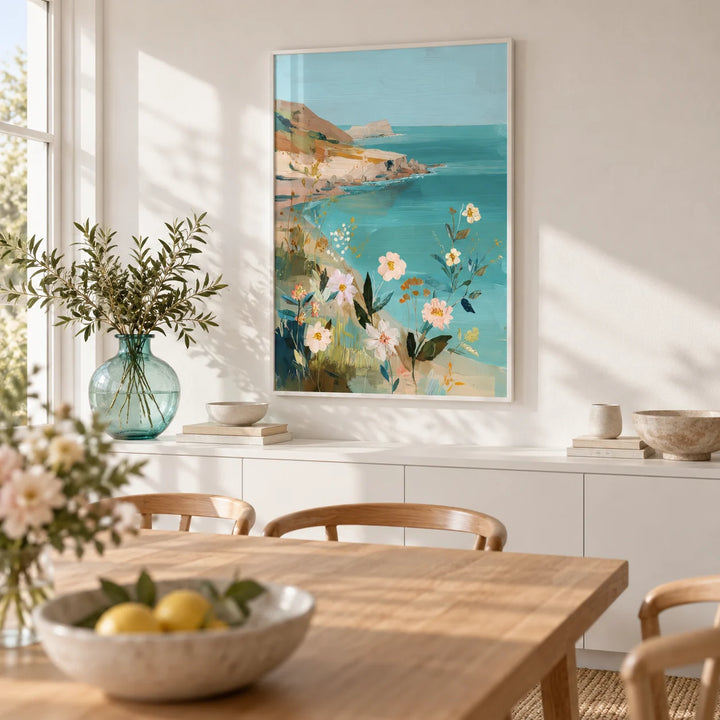 Floral Coast Print, framed on the wall of a bright dining room with a white wall