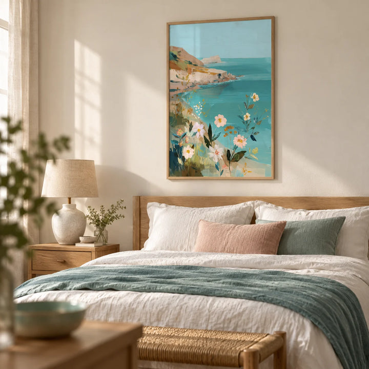 Floral Coast Print, framed on the wall of a calm bedroom with a cream wall