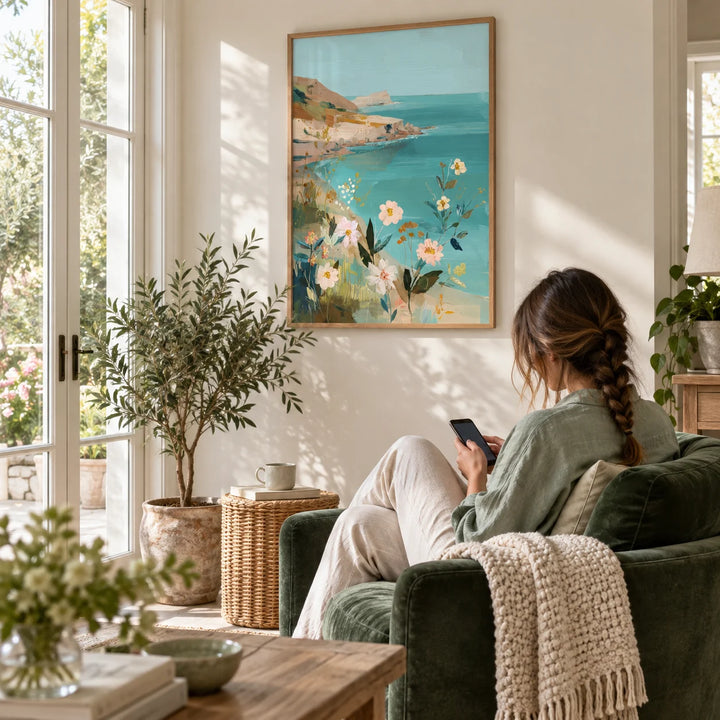 Floral Coast Print, framed on the wall of a light garden room with glass doors in a living room