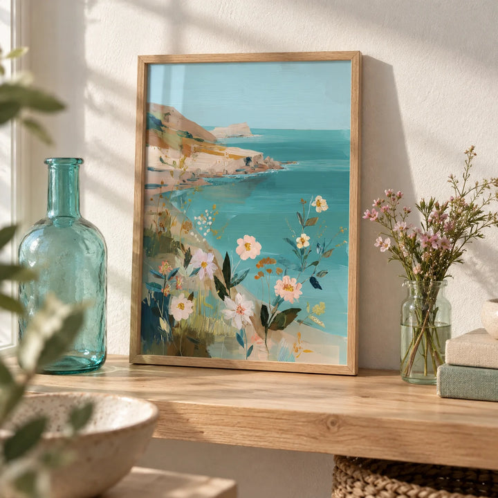 Floral Coast Print, a small A4 framed print leaning on an oak shelf in a living room