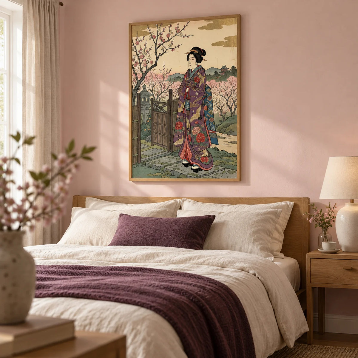 Floral Kimono Wall Art, framed on the wall of a calm adult bedroom in a UK home with pale blossom-pink walls