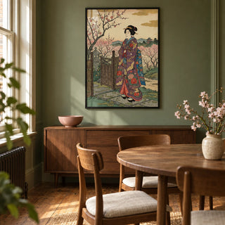 Floral Kimono Wall Art, framed on the wall of a compact dining room in a Victorian UK flat with muted green walls and warm timber floorboards