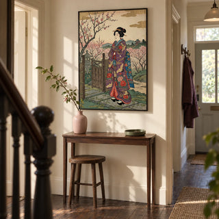 Floral Kimono Wall Art, framed on the wall of a welcoming narrow hallway in a UK terraced house with warm cream walls and dark timber floorboards