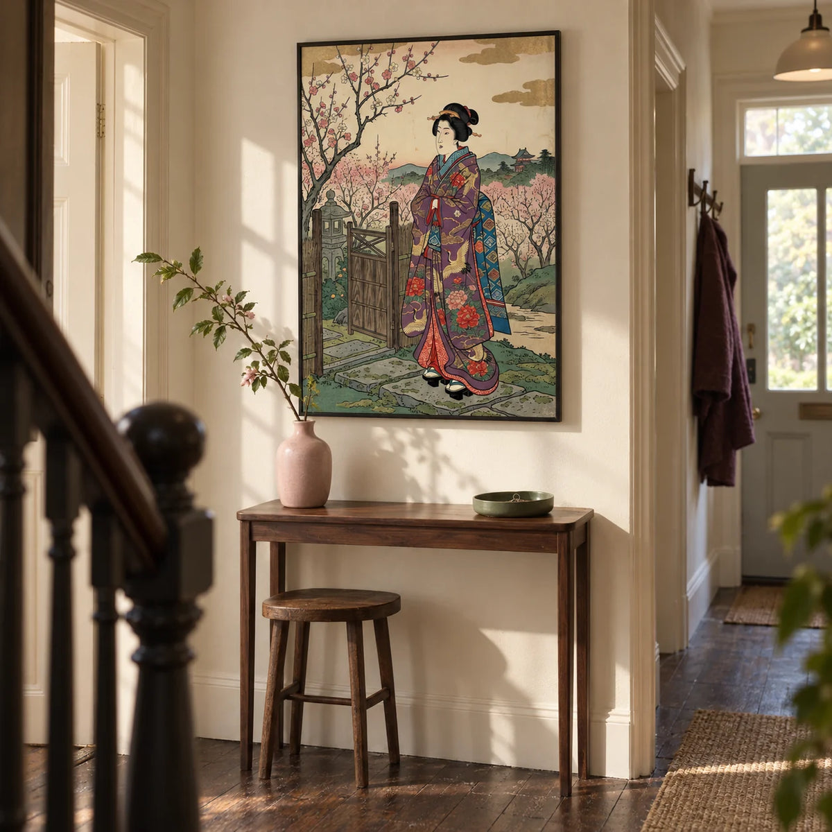 Floral Kimono Wall Art, framed on the wall of a welcoming narrow hallway in a UK terraced house with warm cream walls and dark timber floorboards