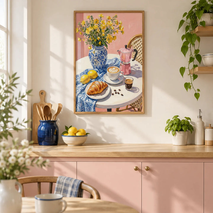Floral Kitchen Decor, framed on the wall of a bright contemporary kitchen in a UK terraced home with warm white walls