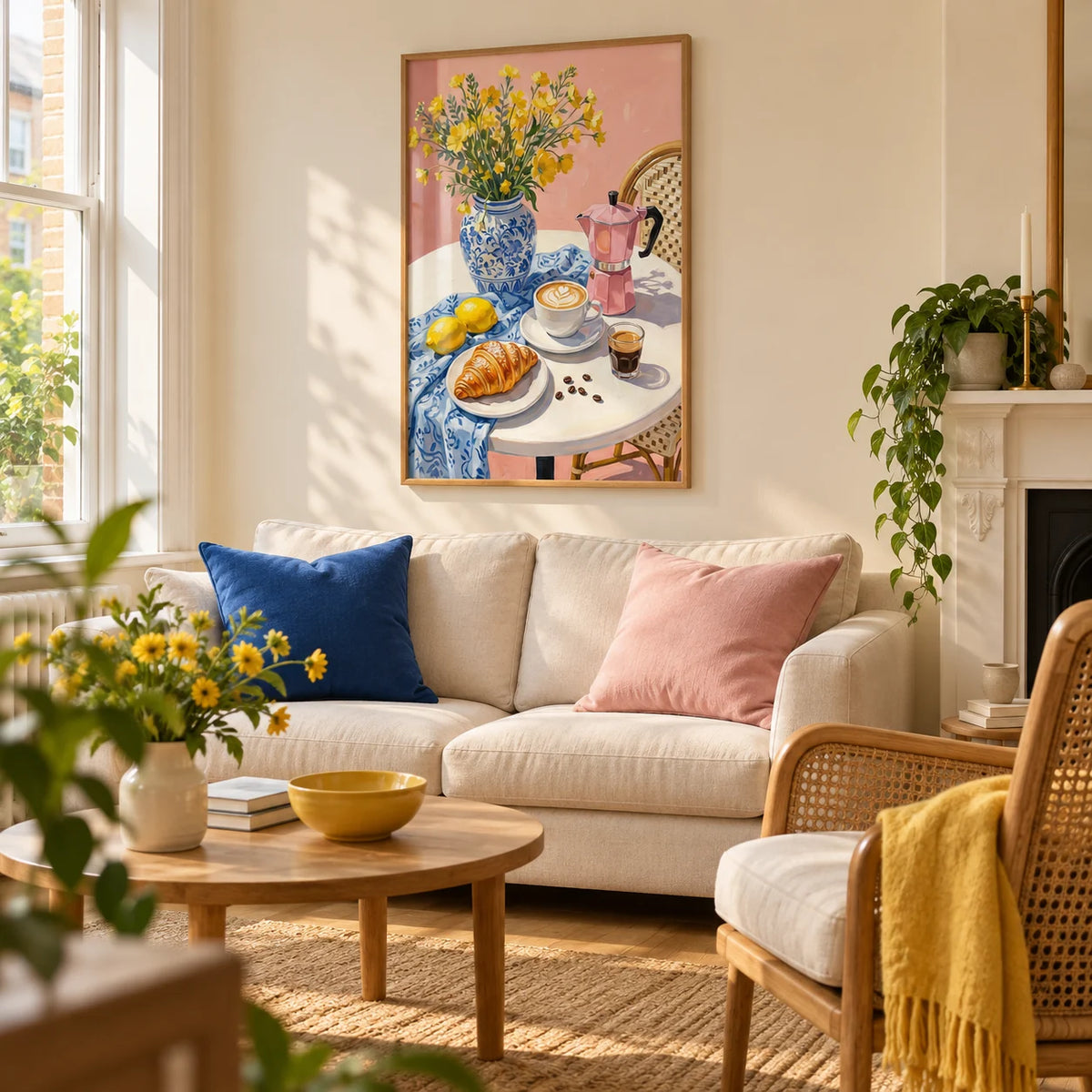 Floral Kitchen Decor, framed on the wall of a cheerful contemporary living room in a Victorian terrace with warm ivory walls and a honey-coloured wood floor
