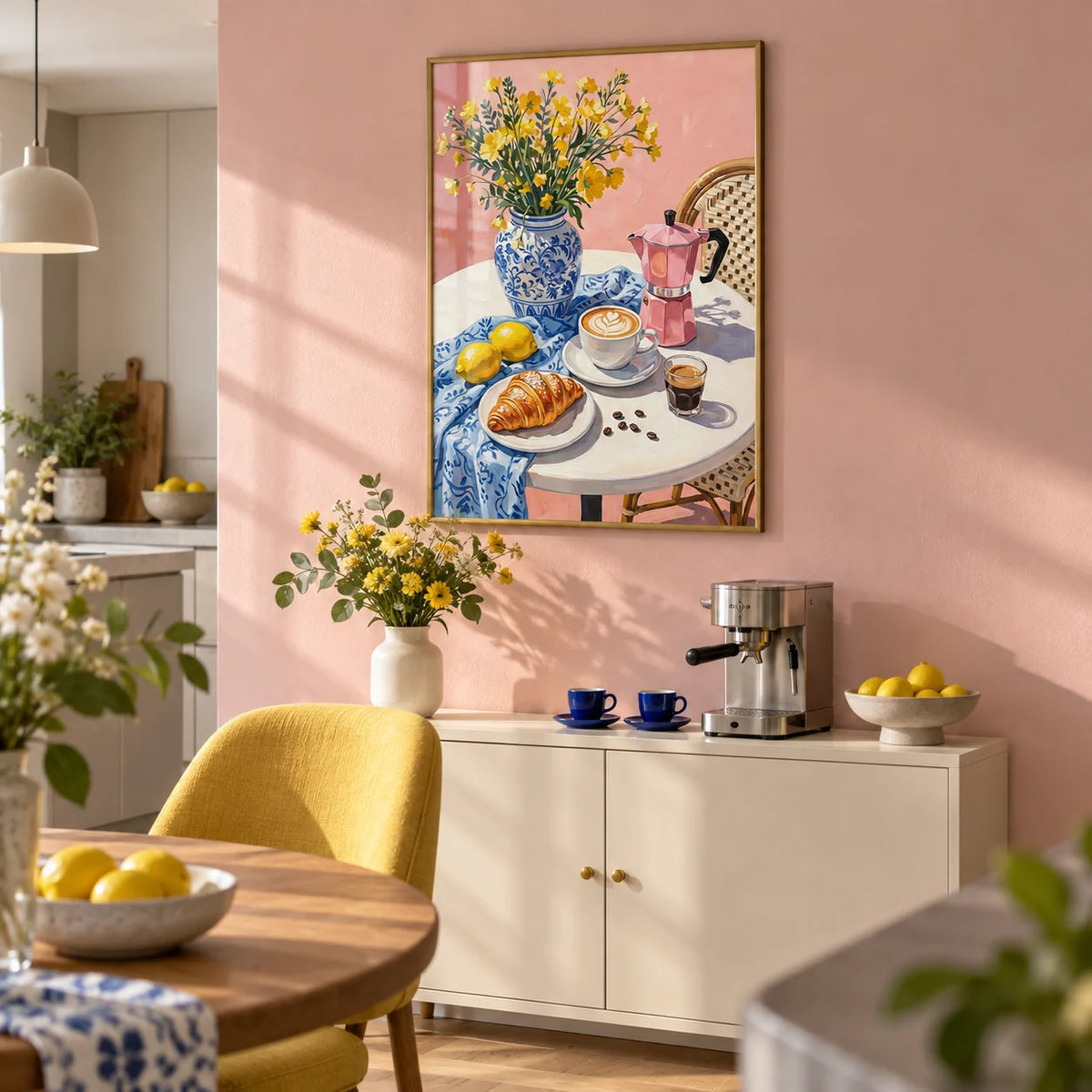 Floral Kitchen Decor, framed on the wall of a compact home coffee corner in an open-plan kitchen-dining room with a pale pink wall