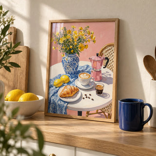 Floral Kitchen Decor, a small A4 framed print leaning on a pale oak kitchen worktop