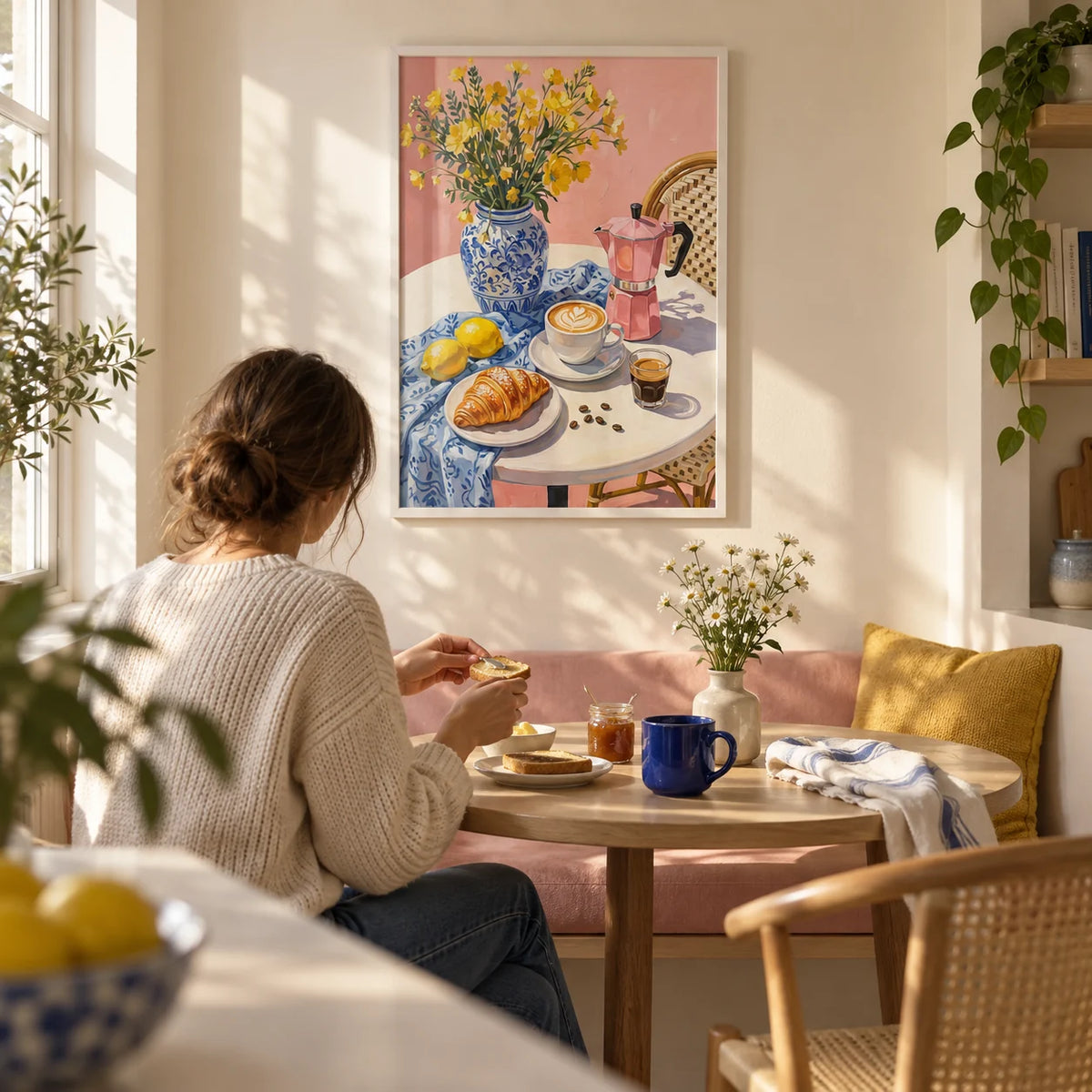 Floral Kitchen Decor, framed on the wall of a sunny breakfast nook in a first flat for a couple aged 25-35