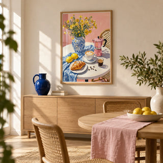 Floral Kitchen Decor, framed on the wall of a warm modern dining room with ivory plaster walls and an oak floor