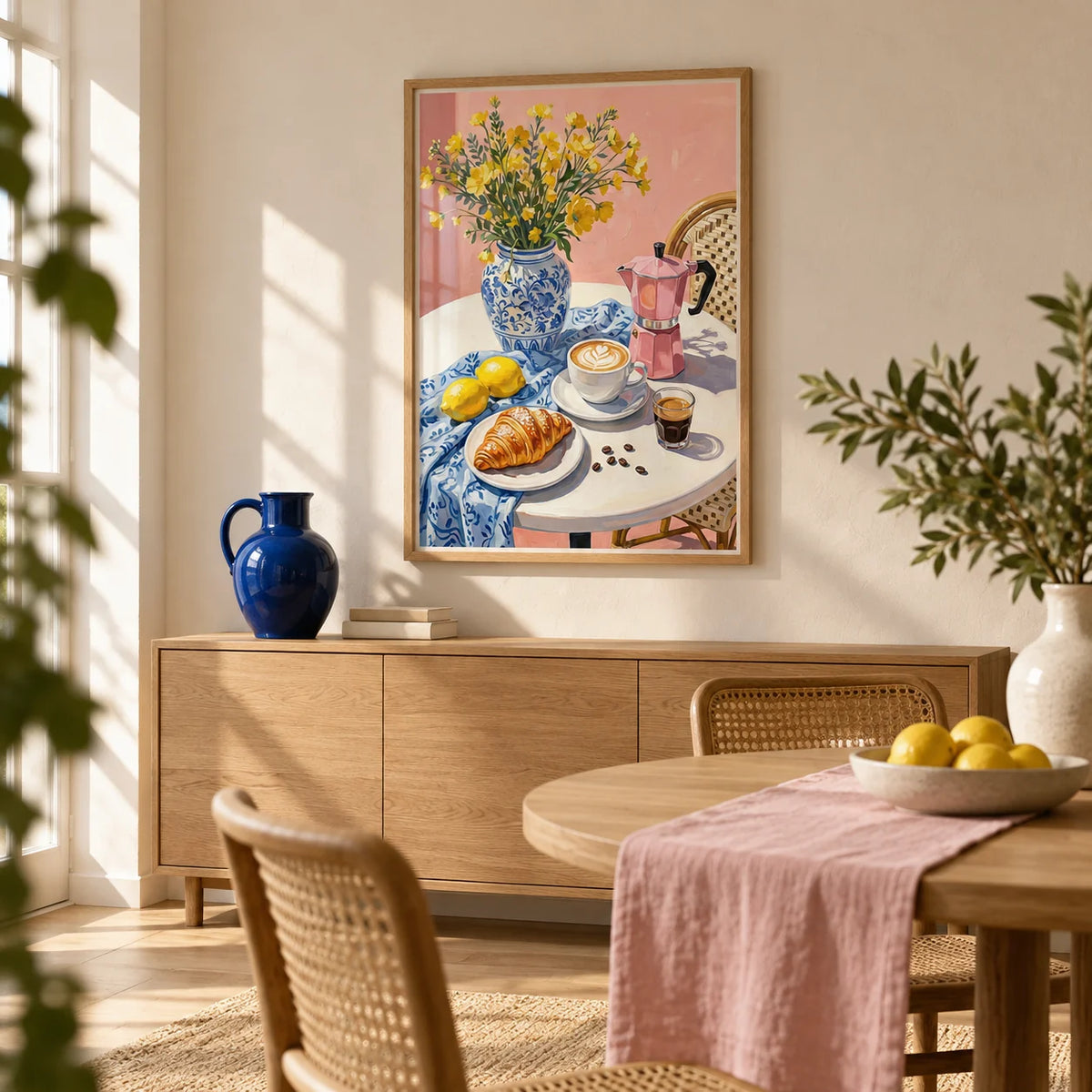 Floral Kitchen Decor, framed on the wall of a warm modern dining room with ivory plaster walls and an oak floor