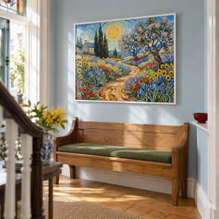 Floral Landscape Art Print, framed on the wall of a bright hallway in a Victorian terrace with pale blue painted walls and honey-coloured floorboards