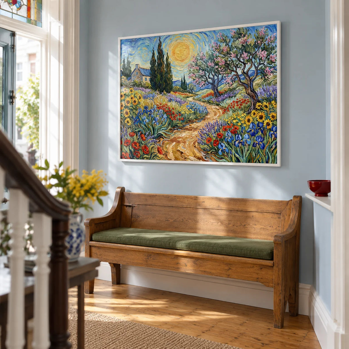 Floral Landscape Art Print, framed on the wall of a bright hallway in a Victorian terrace with pale blue painted walls and honey-coloured floorboards