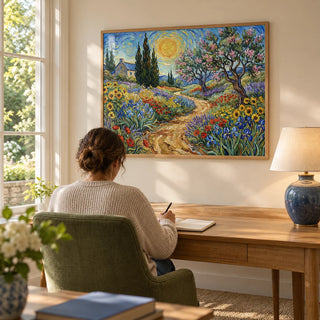 Floral Landscape Art Print, framed on the wall of a quiet home study overlooking a garden with a soft cream wall