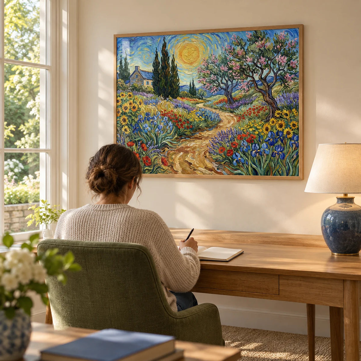 Floral Landscape Art Print, framed on the wall of a quiet home study overlooking a garden with a soft cream wall