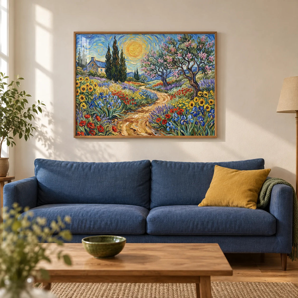 Floral Landscape Art Print, framed on the wall of a relaxed living room in a British terraced house with warm white plaster walls and oak floorboards