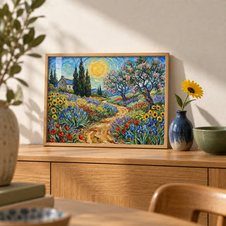 Floral Landscape Art Print, a small A4 framed print leaning on an oak sideboard in a living room