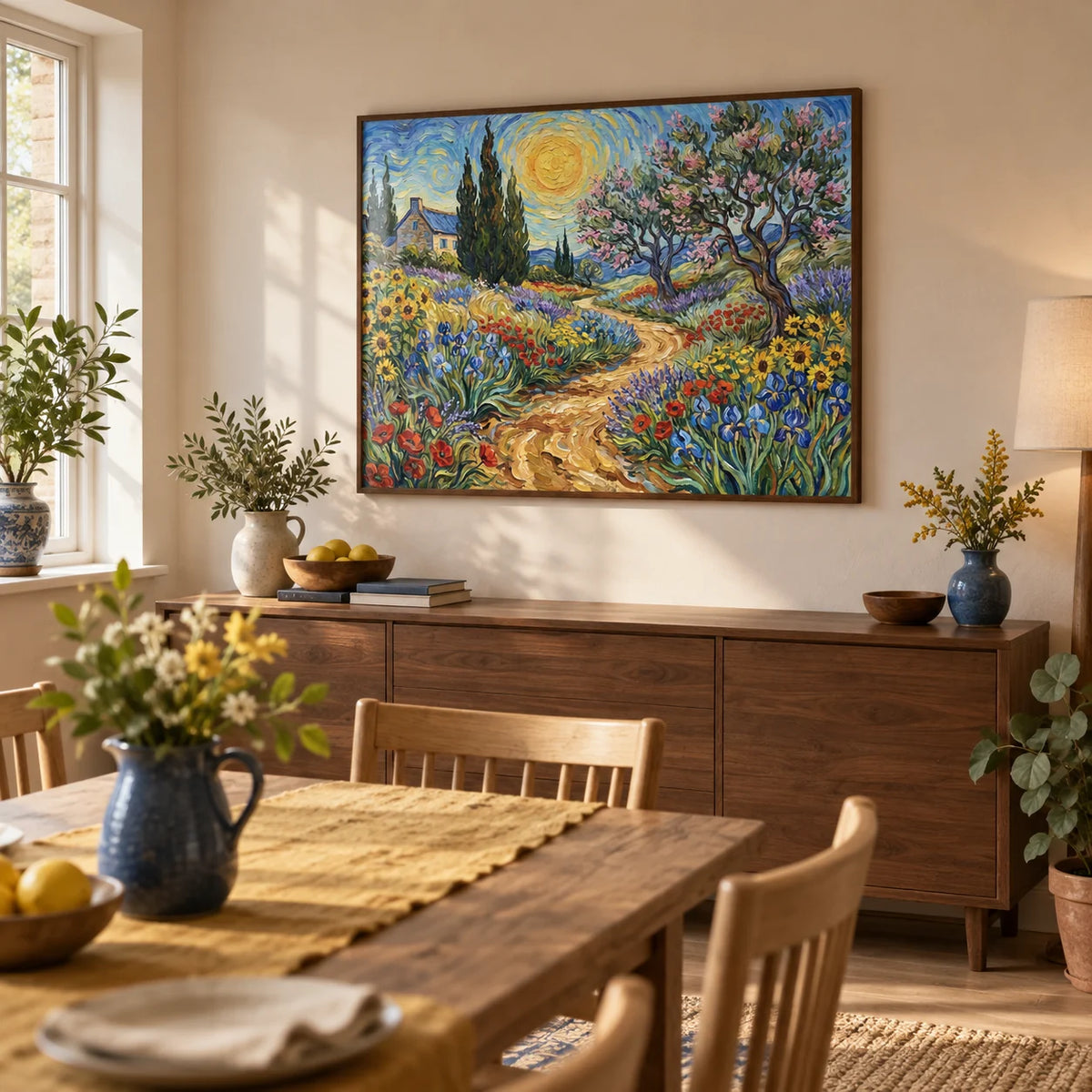 Floral Landscape Art Print, framed on the wall of a welcoming dining room in a modest UK family home with pale warm plaster walls