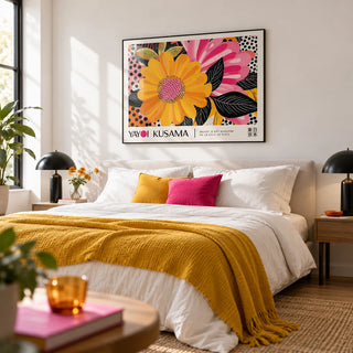Floral Landscape Paintings, framed on the wall of a bright modern bedroom with a white wall