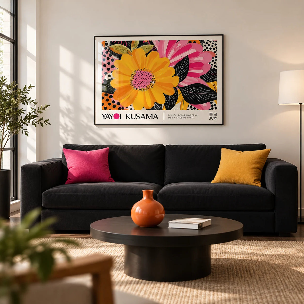 Floral Landscape Paintings, framed on the wall of a modern living room with a warm white wall and a dark wood floor