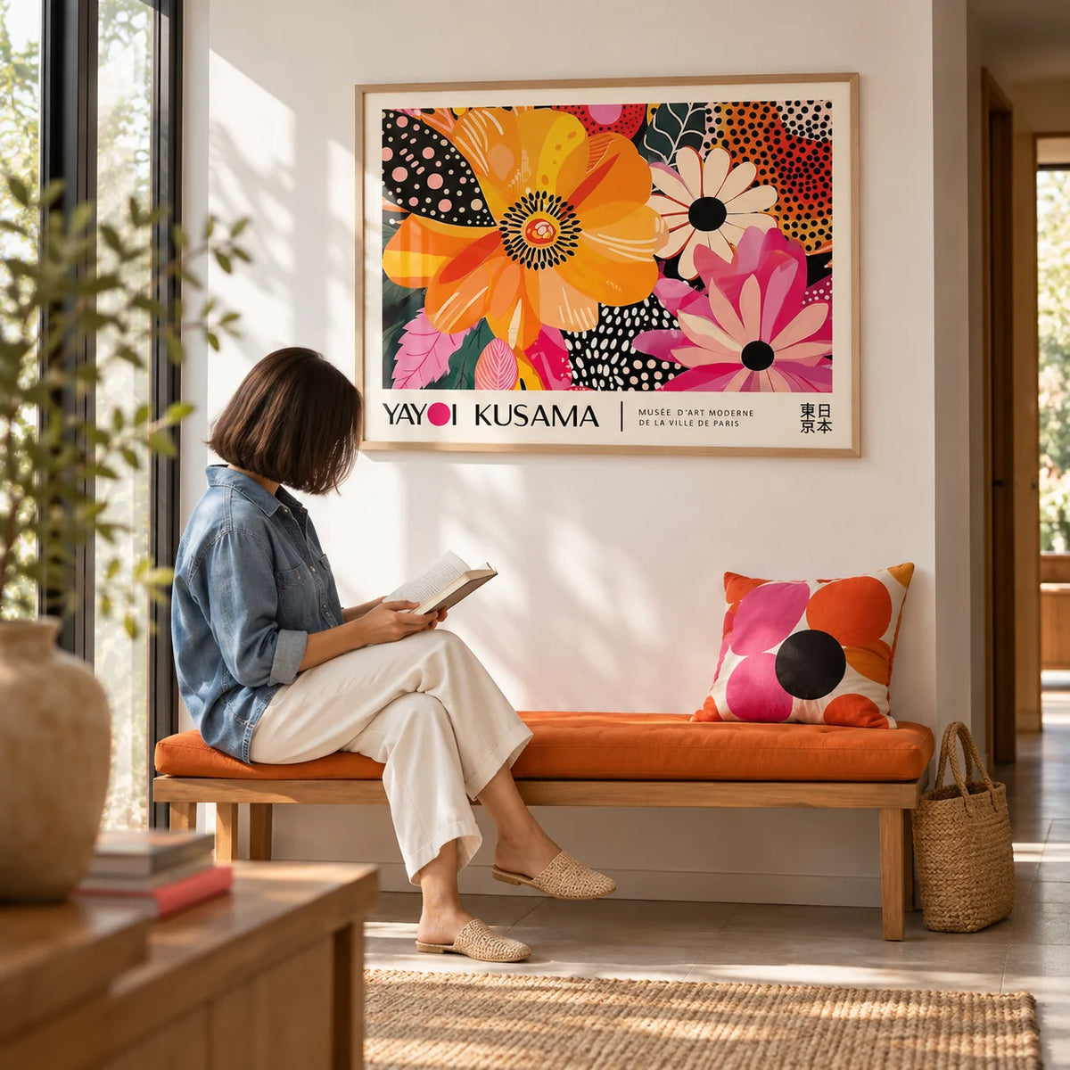 Floral Poster Art, framed on the wall of a bright hallway with a white wall