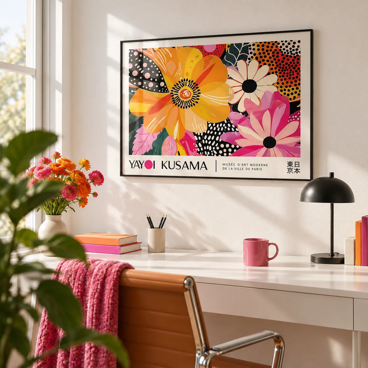 Floral Poster Art, framed on the wall of a bright home office with a white wall